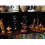 A collection of carved treen including African hardwood figural busts