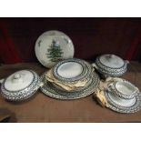 A selection of Victorian "Victory" black and white china tablewares with gilt decoration and a