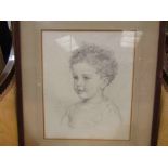 Portrait in pencil of a small child, monogrammed JR, framed and glazed,