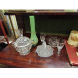 A selection of glassware including decorative oil lamp chimney, drinking glasses etc.