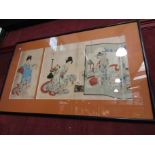 A Japanese artwork triptych of geisha girls, framed and glazed,