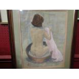 A pastel portrait of young woman sitting in a round wooden bathtub, signed in monogram NG,