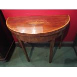 A George III inlaid mahogany demi-lune card table with crossbanded decoration on square tapering