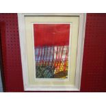A modernist abstract print in reds and yellows, signed lower right, framed and glazed,