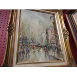 A gilt framed oil on canvas of Parisian street scene, signed lower right,