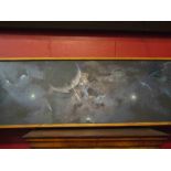 A framed 20th Century oil on board depicting night sky with flying saucer, unsigned,