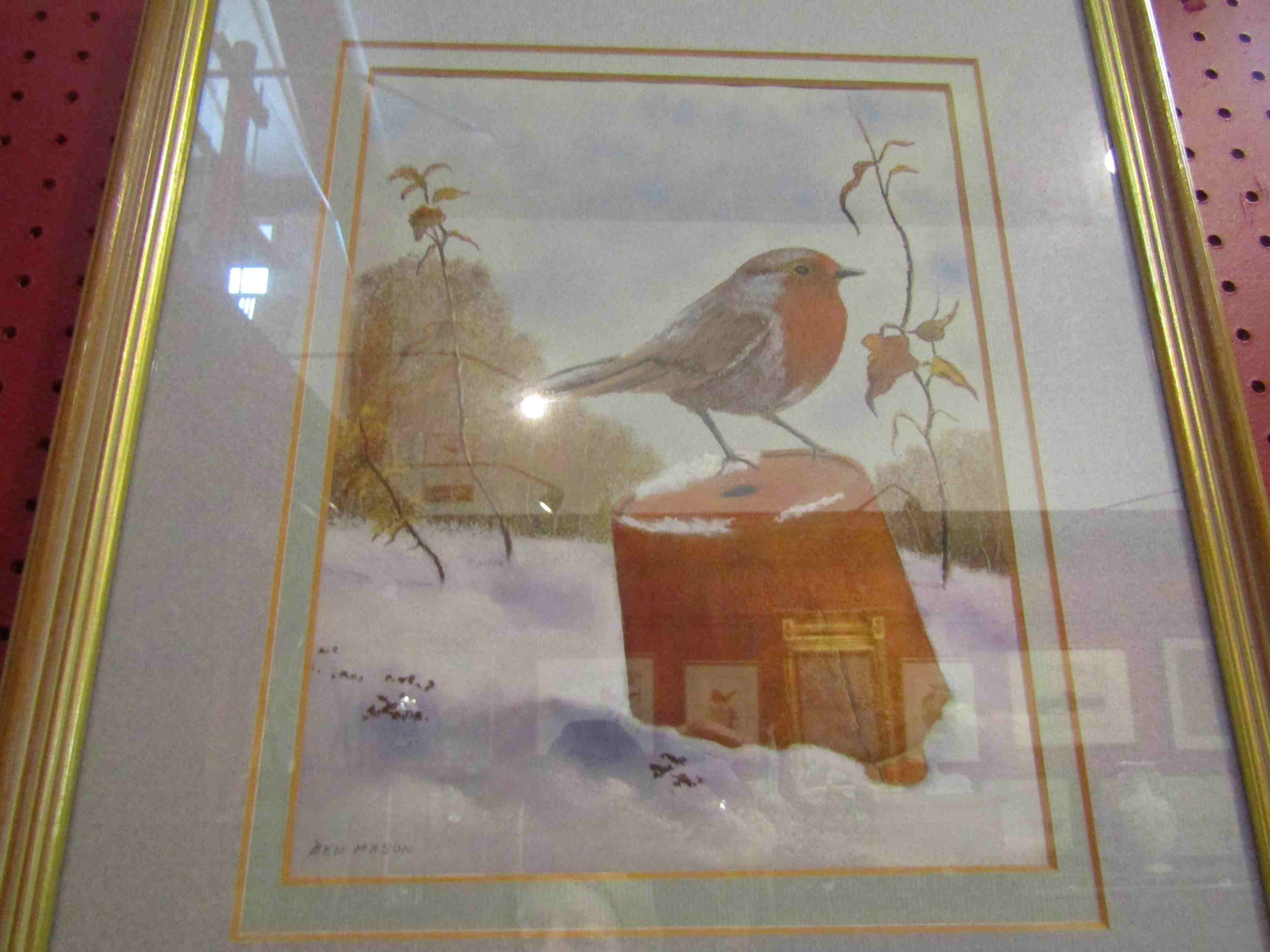 BEN MASON: A watercolour depicting robin upon a flower pot, snow scene, signed lower left,