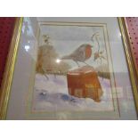 BEN MASON: A watercolour depicting robin upon a flower pot, snow scene, signed lower left,