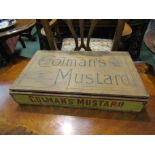 A pine Colmans Mustard Oil box with paper labels