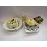 An assortment of china to include a set of four Spode floral pattern plates, Devon ware china,
