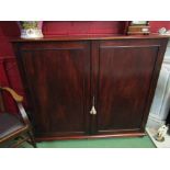 A George III flame mahogany two door estate cupboard with key the fitted five drawer interior and