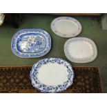 Four meat plates including blue and white pagoda scene example