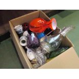 A box of glass and pottery including Amethyst oversized wine glasses