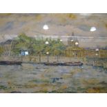 A large framed and glazed late 20th Century watercolour, Thames side buildings,