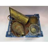 A box containing assorted metal wares including a 1920's coopered jug, a brass jug,