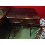 A French 19th Century mahogany sewing table with brass rimmed top and fitted interior with key over