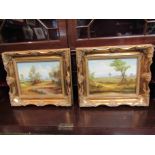 A pair of gilt framed oils on board depicting landscape scenes, signed D.