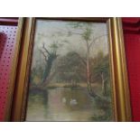 An oil on canvas, swans on river in woodland setting, signed lower right, gilt framed,