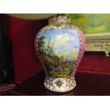 A Meissen porcelain table lamp with shade decorated with cartouches,