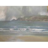 ROBERT HUNT (1934-2014) a gilt framed acrylic on board depicting storm over seascape with beach to