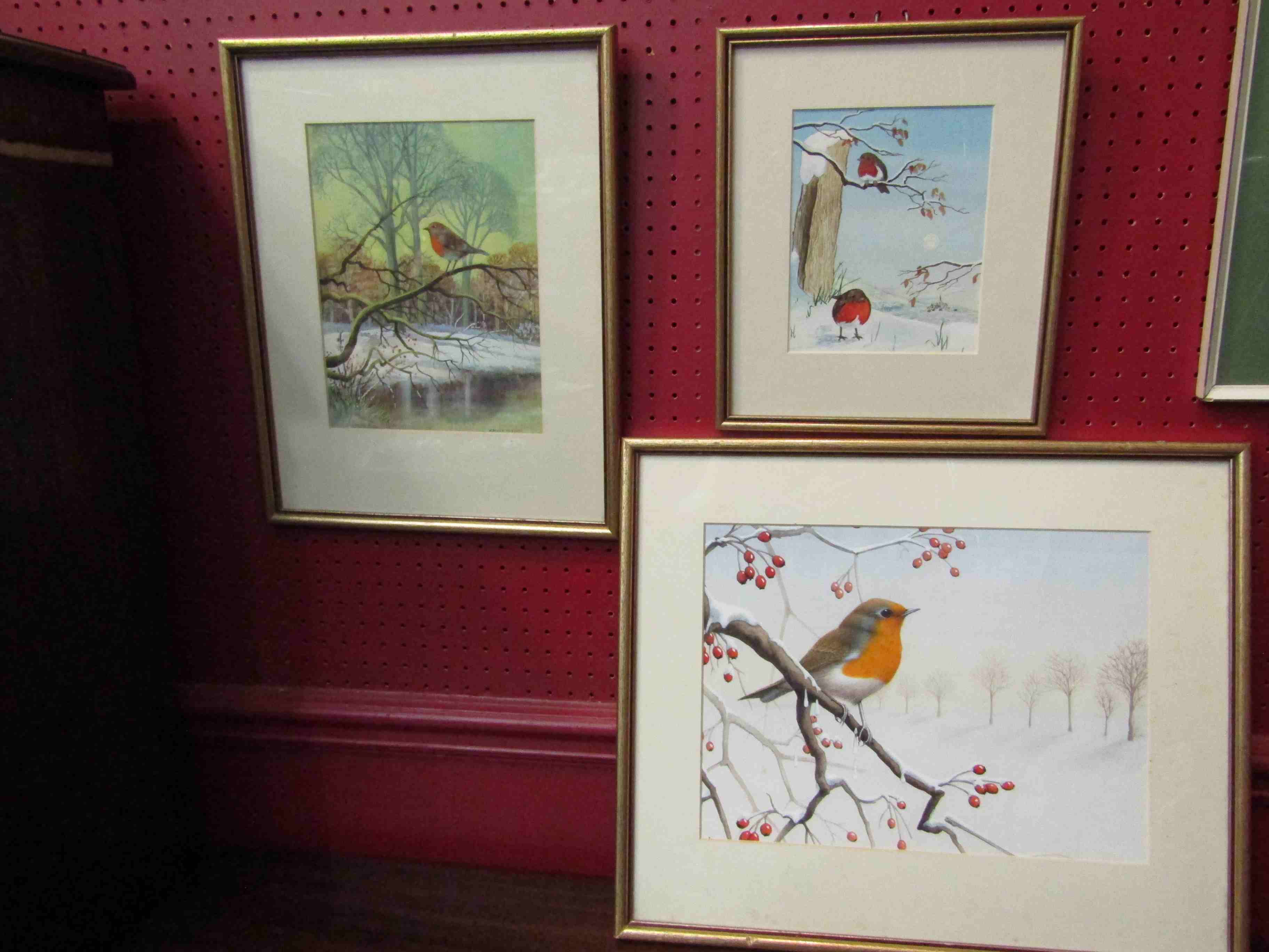 Three Circa 1975 watercolours depicting robins, original designs for greeting cards,