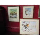 Three Circa 1975 watercolours depicting robins, original designs for greeting cards,