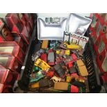 A box of loose Matchbox Models of Yesteryear diecast vehicles and two Lesnet stainless steel pen