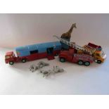 A collection of Corgi circus diecast vehicles including Chipperfield crane truck,