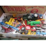 A collection of mostly agricultural playworn diecast vehicles including Britains,