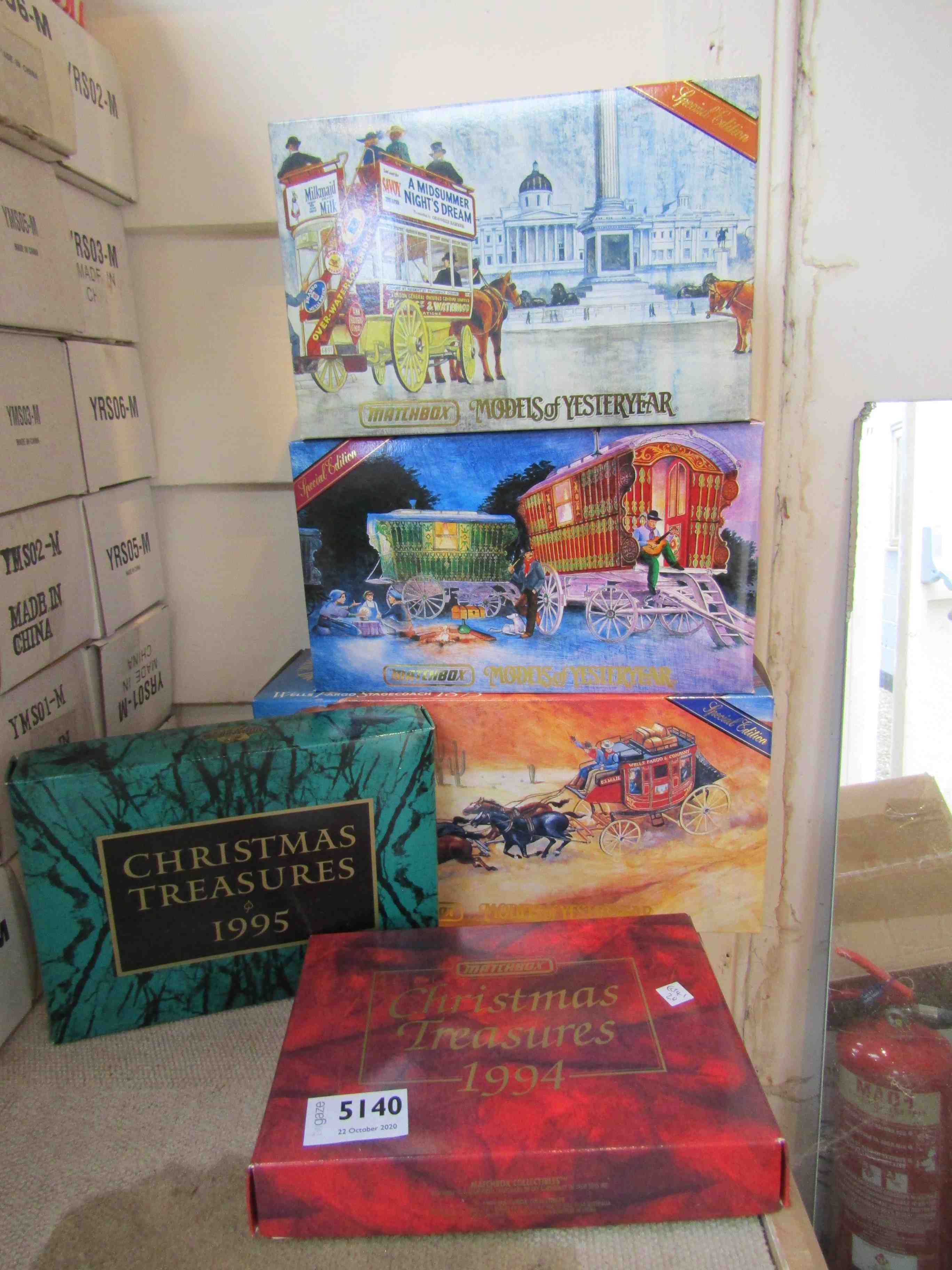 Three boxed Matchbox diecast Models of Yesteryear Heritage Horse Drawn Carriages and two Christmas