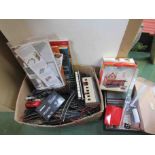 A box of 00 gauge track, Hornby locomotive and tender,