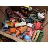 A box of mixed playworn diecast vehicles including Britains, Dinky,