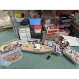 Three wooden model boats and a quantity of boat building materials and accessorries, cargo,