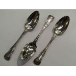 Three Charles Eley silver serving spoons in the King's pattern, one dented, London 1826,