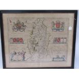 A 17th Century hand coloured map of Nottinghamshire in double glazed frame,
