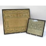 Two Georgian samplers including Sarah Murrell 1832, verse, animals and flowers,