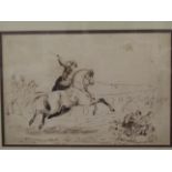 A mid 19th Century pen and ink of woman on horseback wielding a whip, framed and glazed,