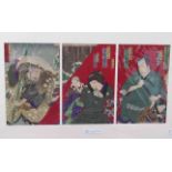 KUNICHIKA (1835-1900): A colour woodblock tryptich depicting figures including Geisha,