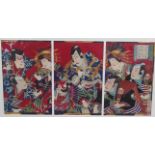 KUNICHIKA (1835-1900): A colour woodblock tryptich depicting Samurai warriors, each panel 34.