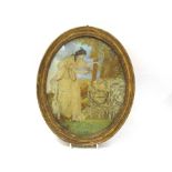 A framed and glazed Georgian oval silkwork, depicting lady laying flowers on Shakespeares casket,