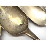 Six various silver serving spoons including Georgian (marks rubbed),