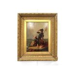 A Victorian English school painting depicting figures looking out to sea, oil on board, gilt frame,