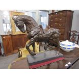 A bronze study of a war horse on marble plinth,