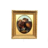 A Victorian English school painting depicting boy at rest with dog and bushel of corn, gilt frame,