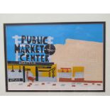 JOHN SALLID (XX- ): A mixed media print "Public Market Center, Seattle", modernist style, 104/200,