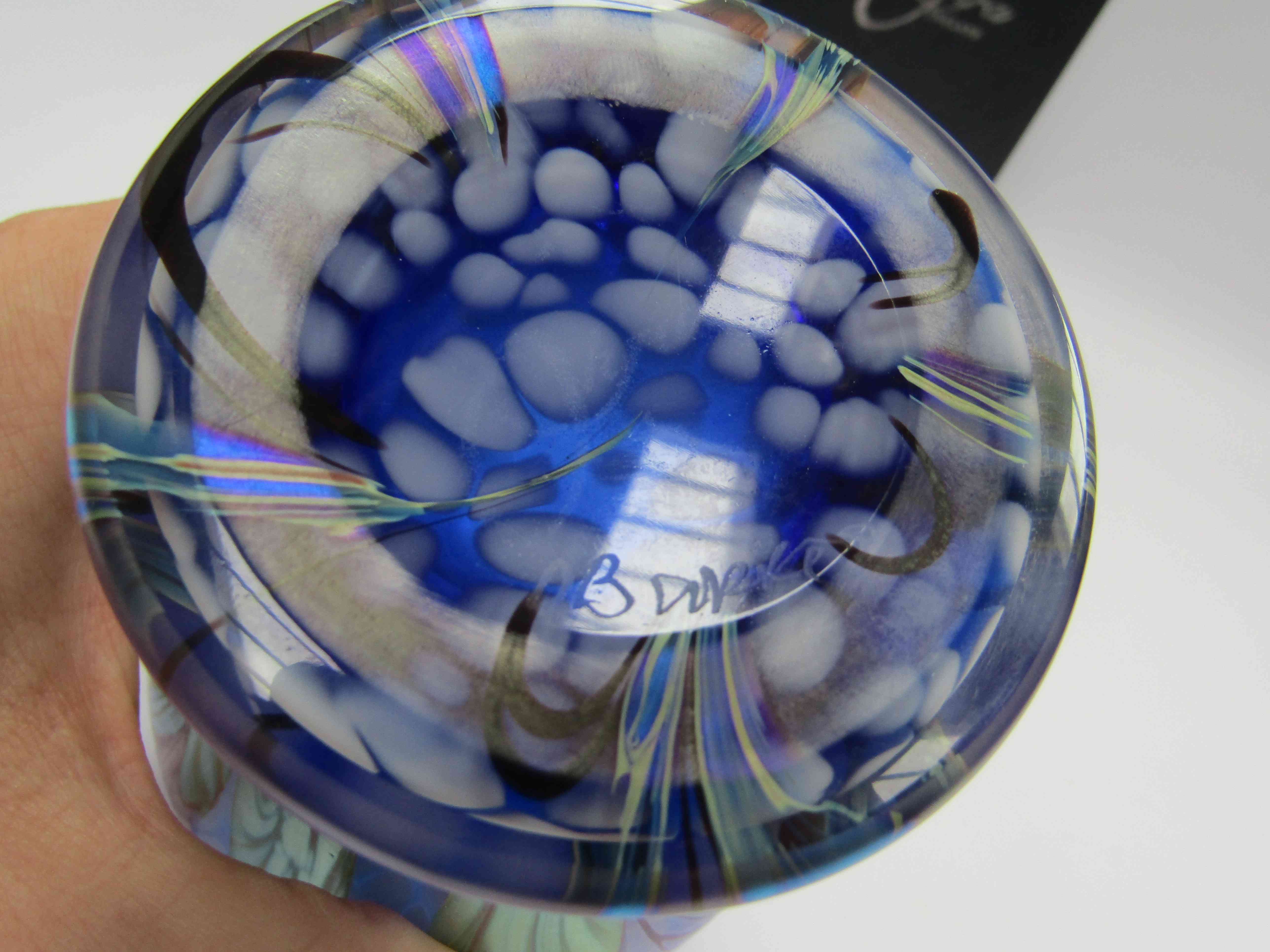 An Okra glass vase designed by Dave Barras, blue with iridescent floral detail. - Image 2 of 2
