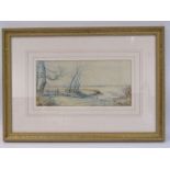 CHARLES HARMONY HARRISON: A framed and glazed watercolour depicting a waterside scene with figure