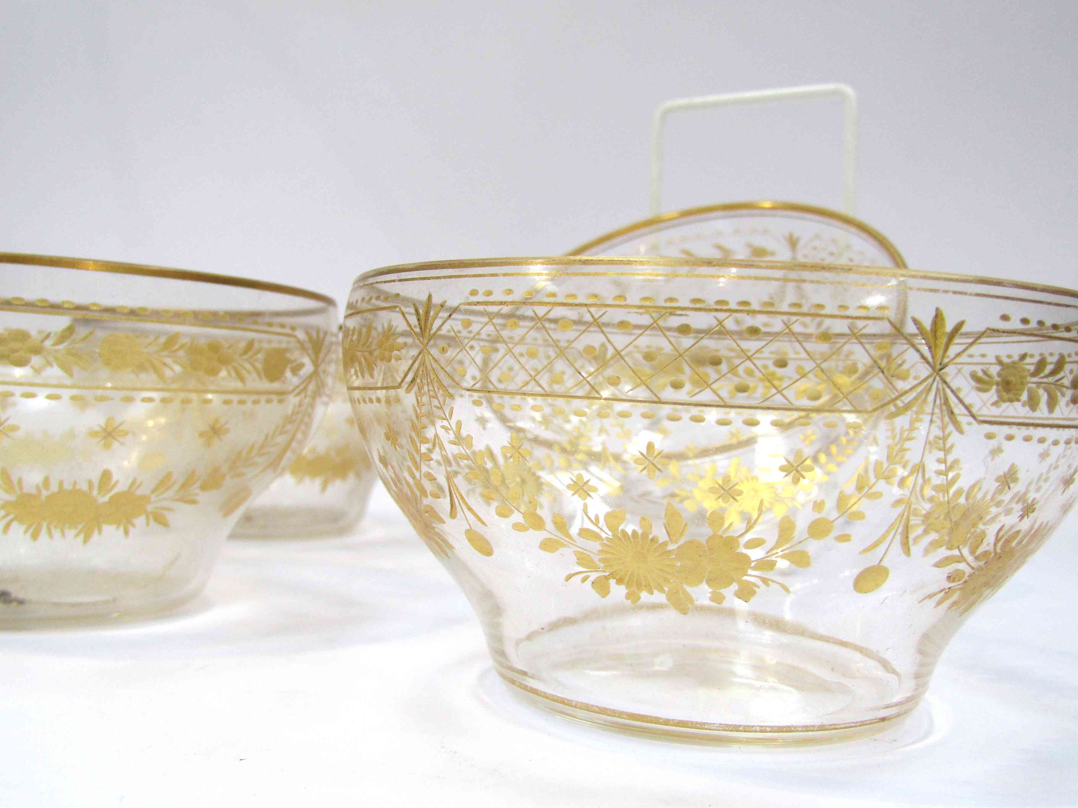 Four 19th Century gilt-etched glass bowls and a pair of stem vases (vases 17cm tall)