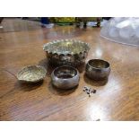 Circa 1899 silver sugar bowl, broken spoon and two napkin rings,