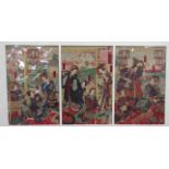 KUNICHIKA (1835-1900): A colour woodblock tryptich depicting interior scenes of Geisha girls,